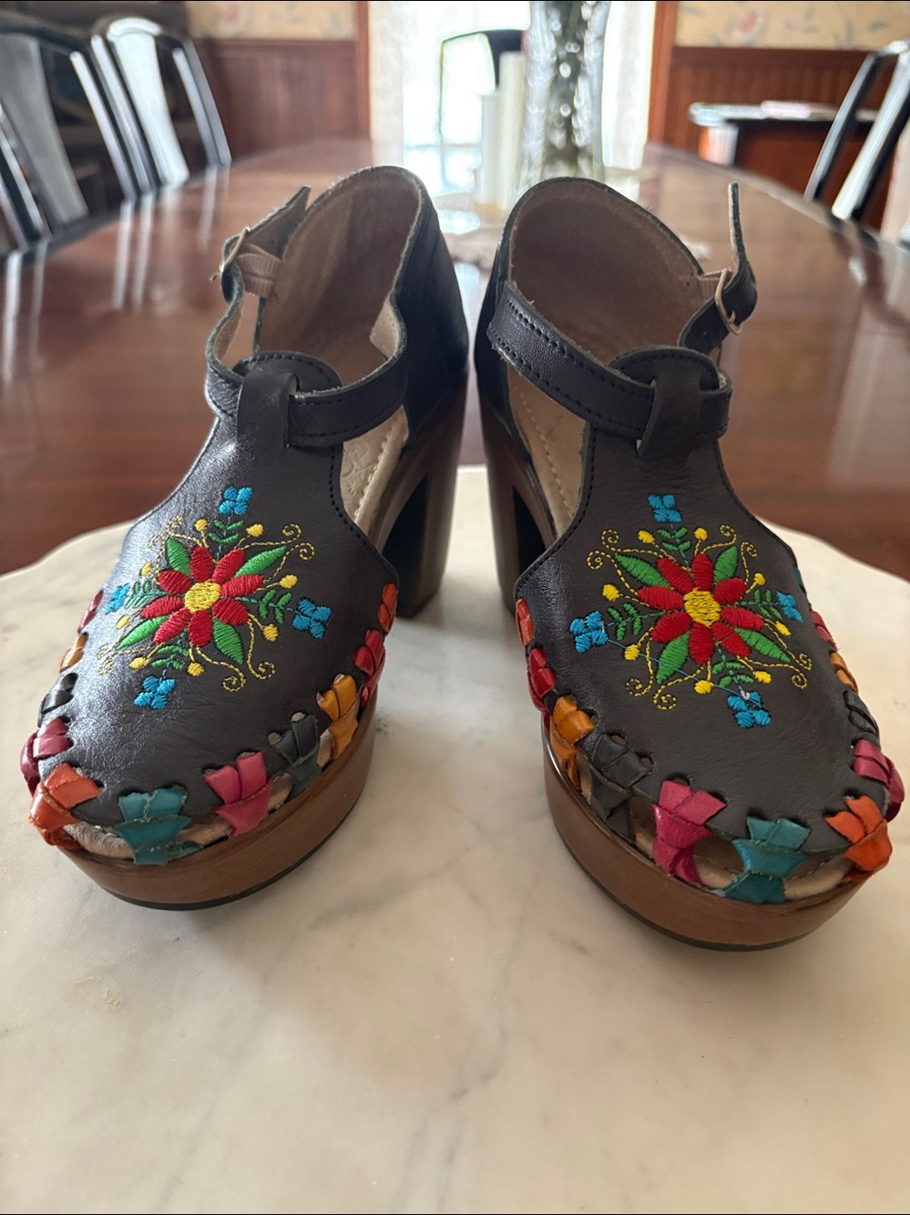 Women's Navy Embroidered Block Heel Sandals
